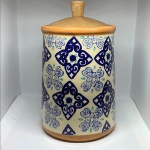 Blue and white canister